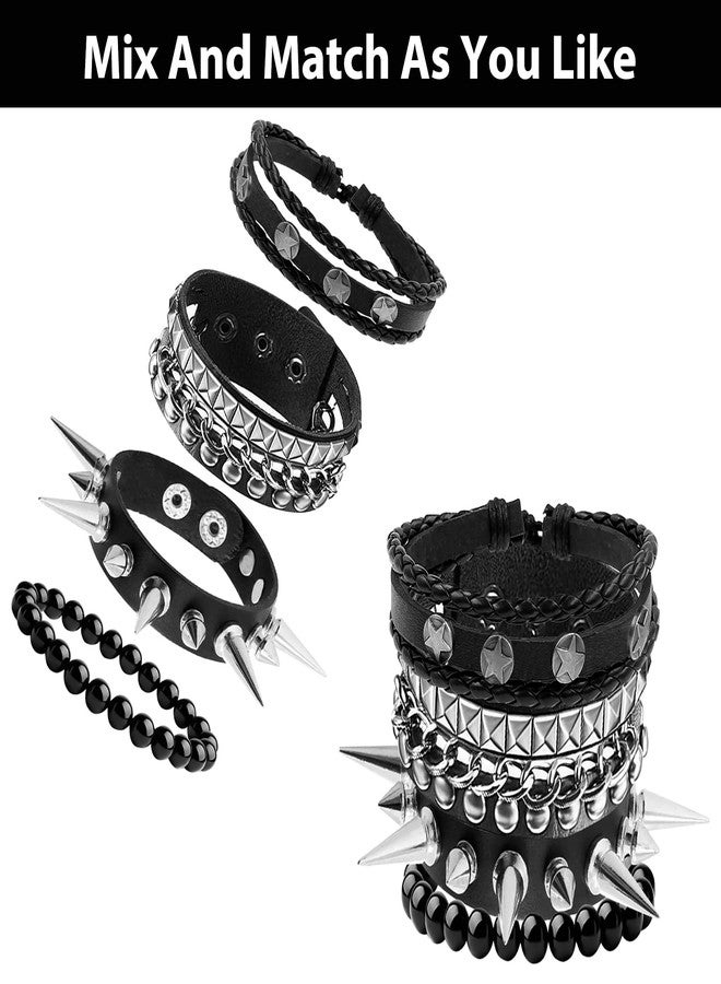 BATHRINS 4 Pcs Punk Rock Studded Bracelets for Men Women 80s Gothic Spike Leather Cuff Bracelet Set Emo Accessories - Image 2